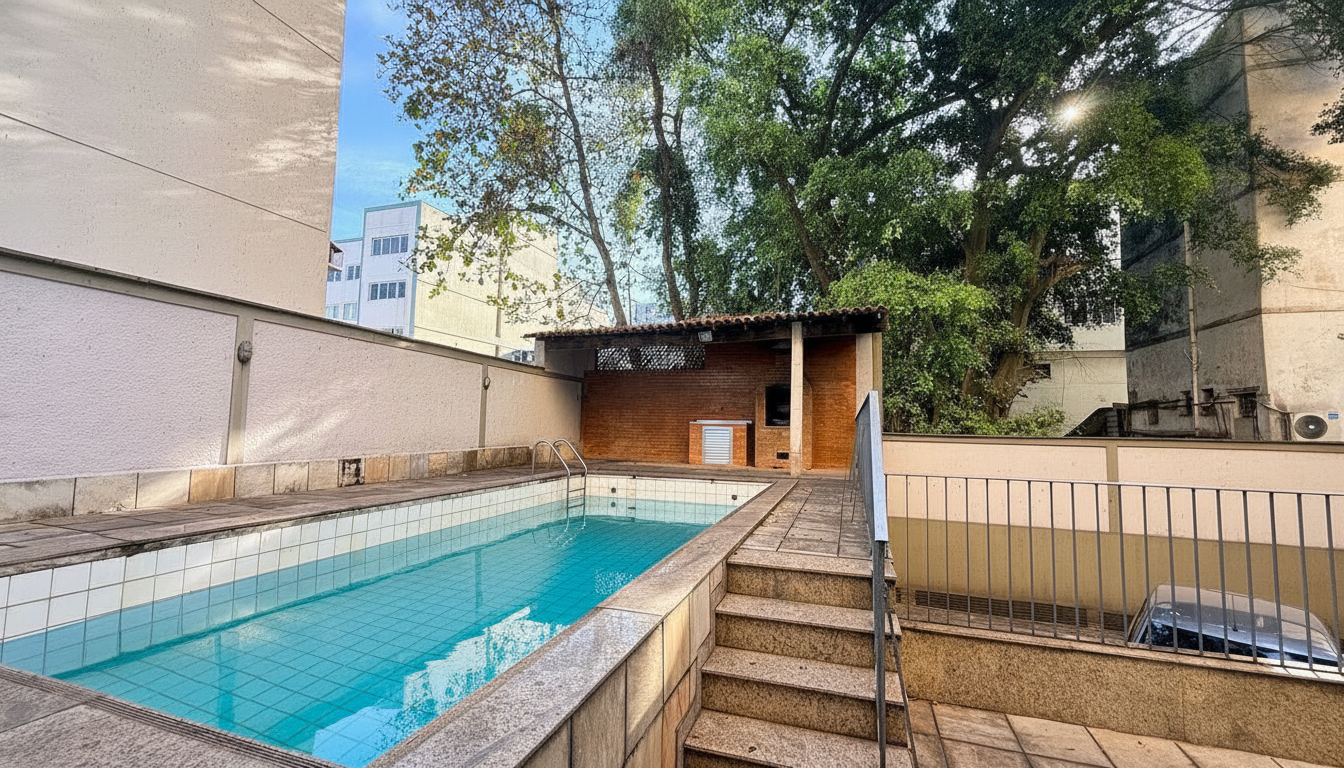 Piscina e área de lazer com pergolado (simulação de revitalização)